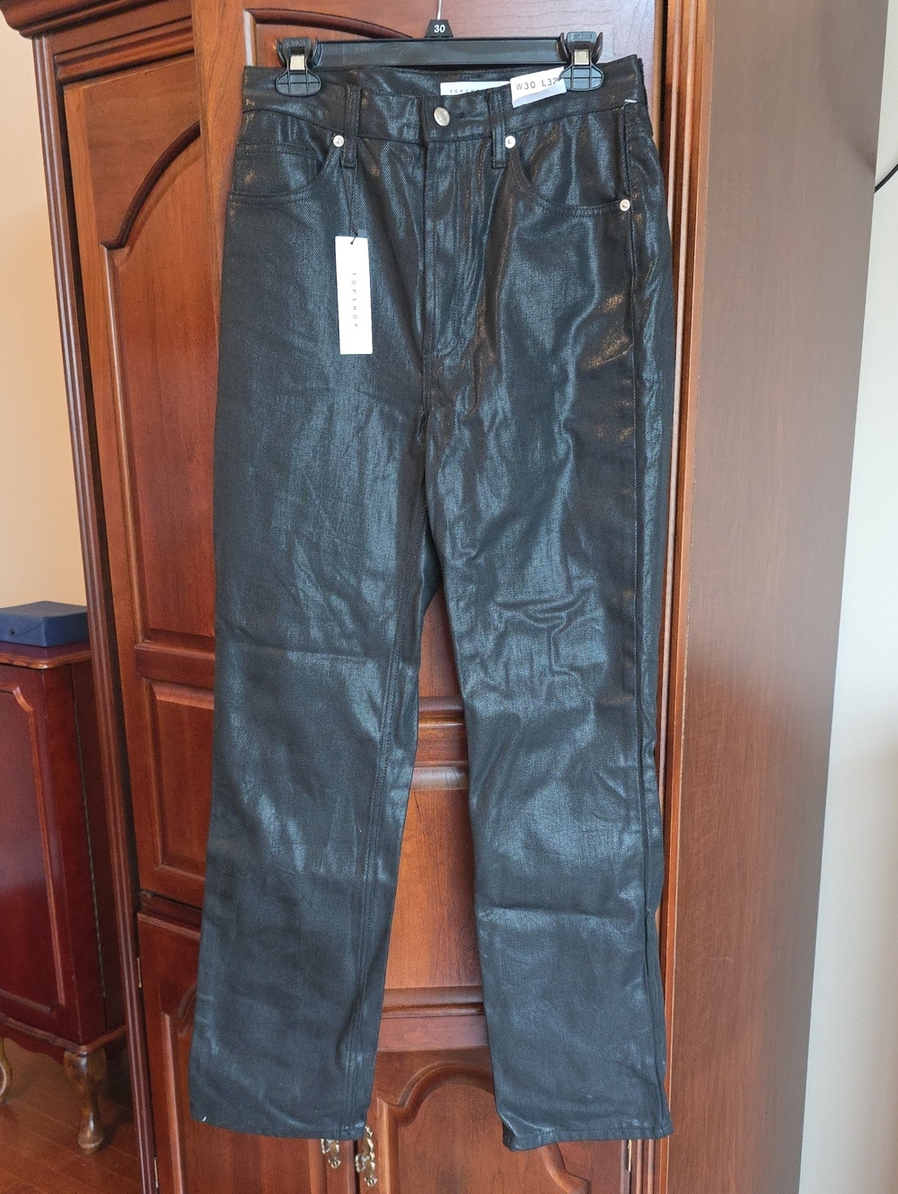 Topshop Black Coated Straight-Leg Jeans 8